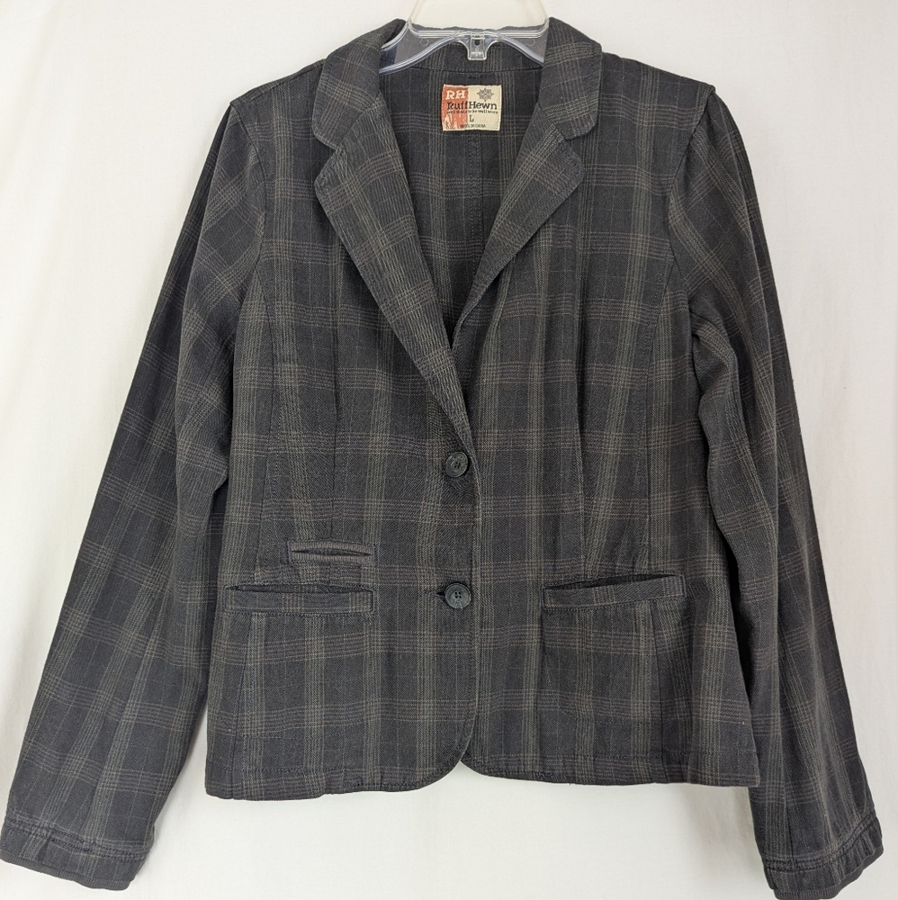 Ruff Hewn Women’s Sz L Plaid Blazer Gray Cotton Pockets NWT